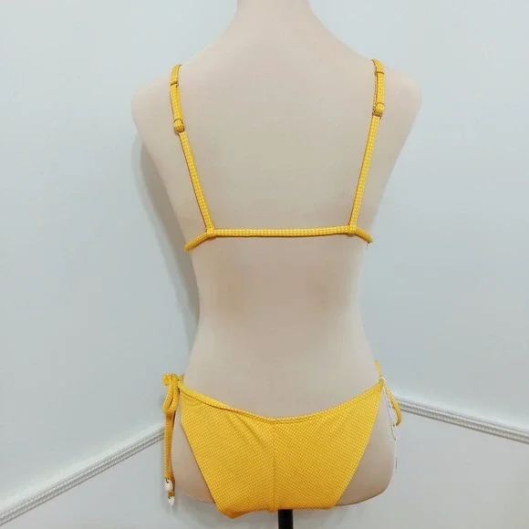 Yellow Gingham Triangle Bikini Set Cowrie Shell Ties Womens Size Medium New - Picture 5 of 7